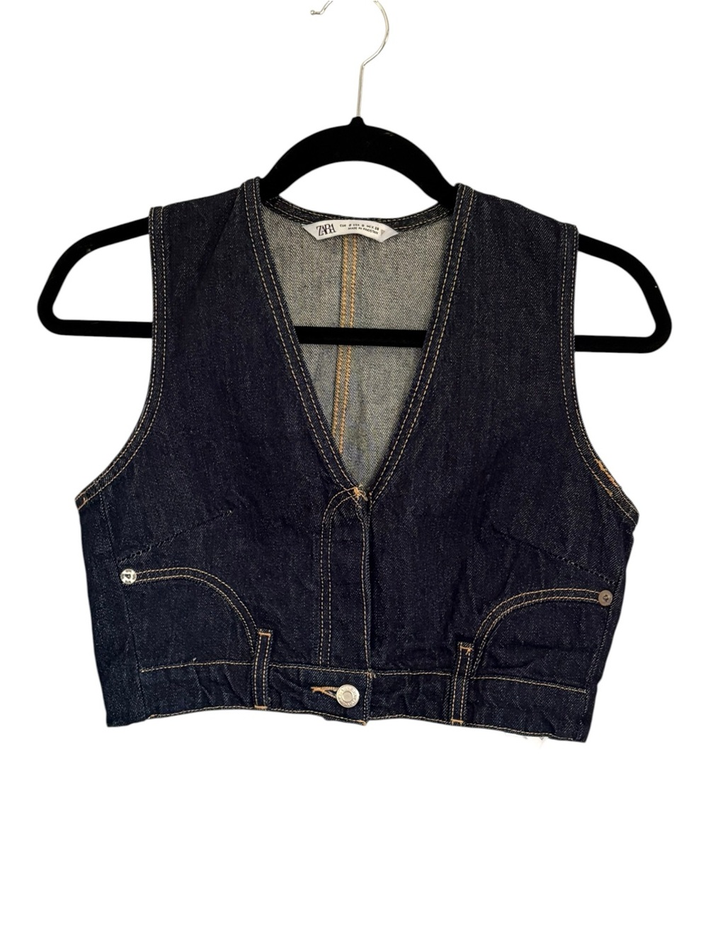 Zara Indigo Washed Denim Vest Crop Top Contrast Stitch Cropped Waistcoat S